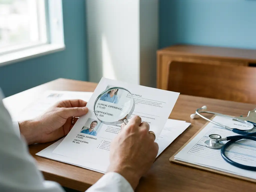 Zorgprofessional bekijkt kandidaatprofielen met vergrootglas op bureau, stethoscoop en klembord zichtbaar in medische werkomgeving