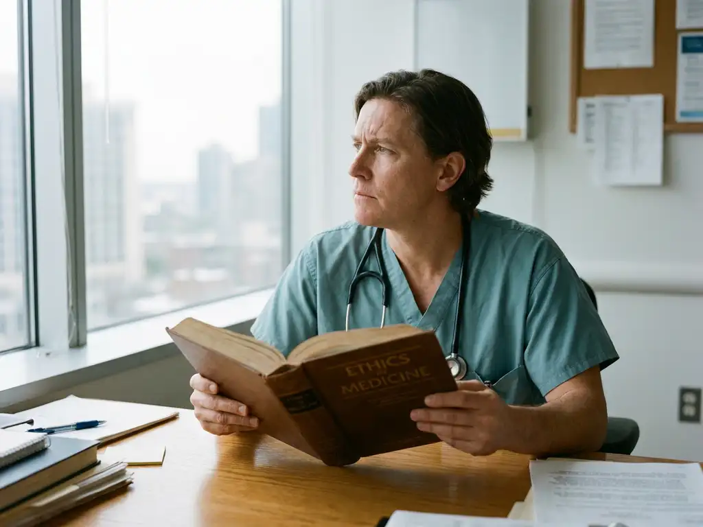 Zorgverlener in groene scrubs houdt ethiekhandboek vast terwijl hij nadenkend uit ziekenhuisraam kijkt