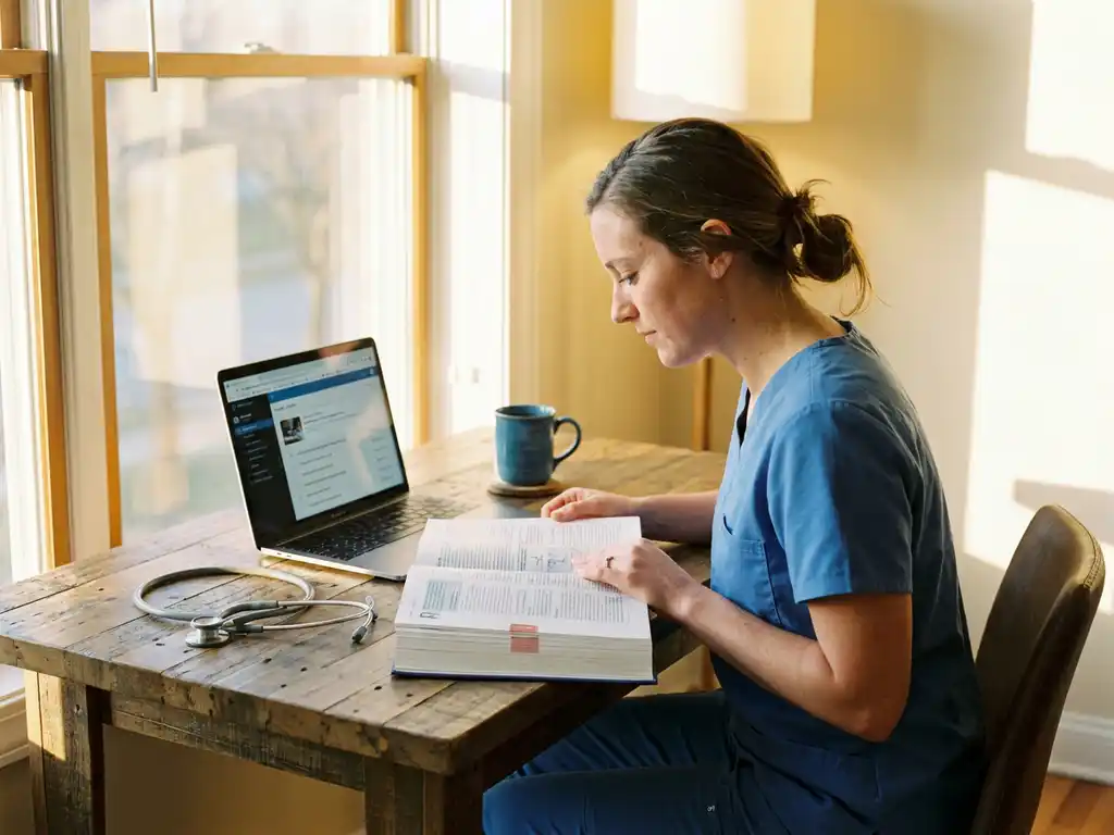Zorgverlener in scrubs studeert aan houten bureau met medisch handboek, laptop en stethoscoop in warm zonlicht