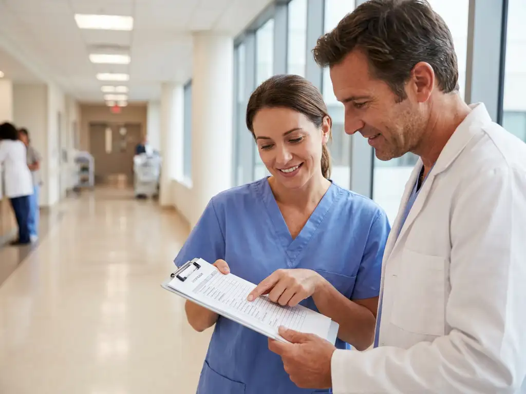 Zorgprofessional in scrubs bestudeert oriëntatiechecklist met mentor in moderne ziekenhuisgang