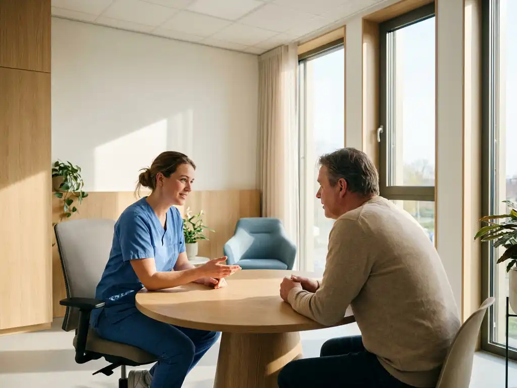 Zorgverlener in scrubs voert gesprek met patiënt in moderne Nederlandse zorgverlening consultatieruimte met natuurlijk licht