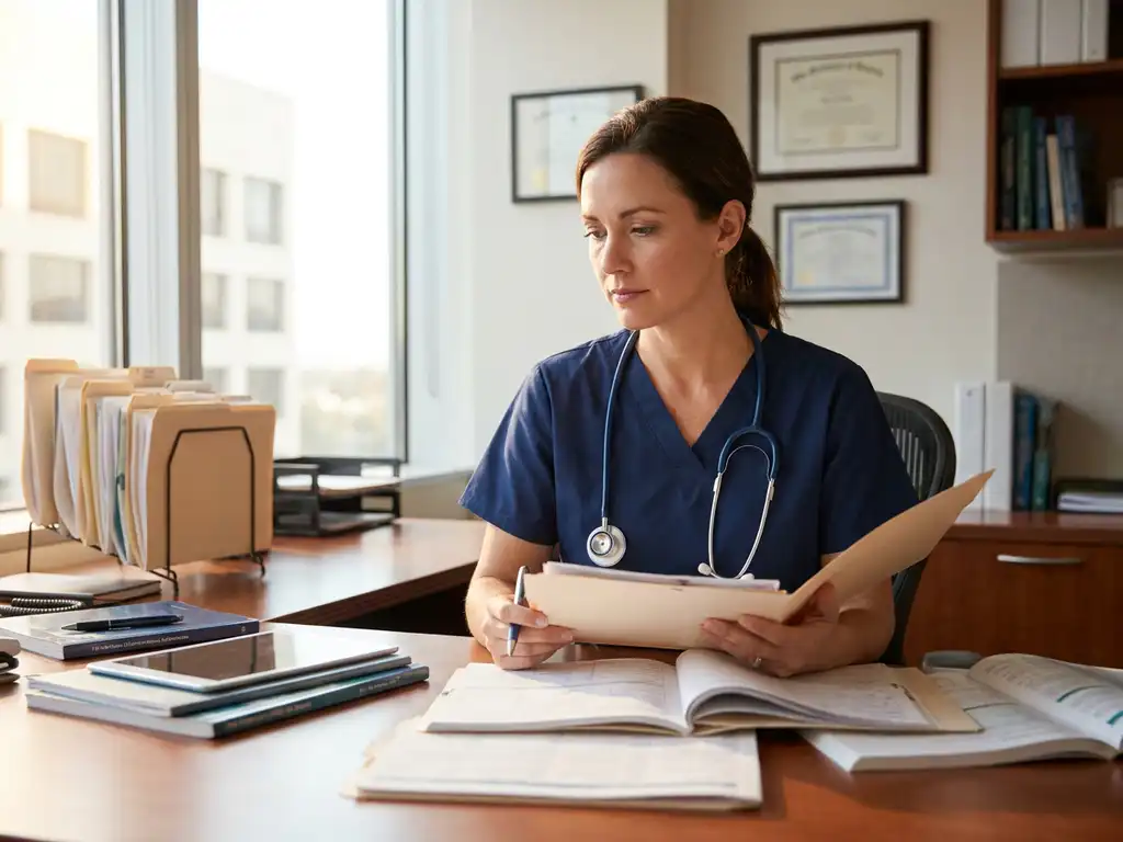 Zorgverlener in scrubs bekijkt patiëntendossiers aan bureau met stethoscoop, medische tijdschriften en certificaten aan muur
