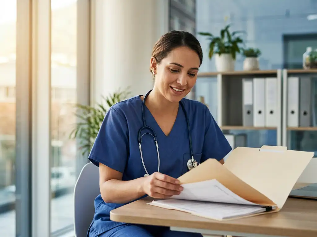 Zorgverlener in scrubs bekijkt patiëntendossiers aan klinisch bureau met stethoscoop om de nek