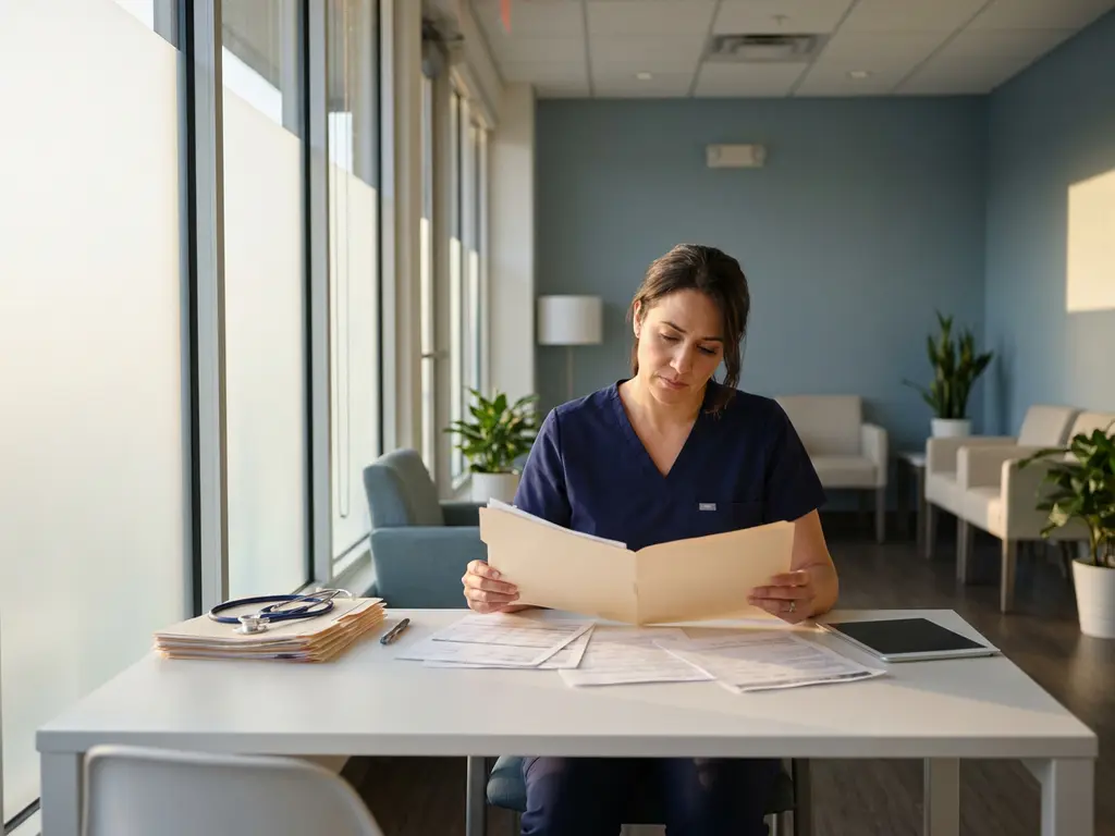 Zorgverlener in scrubs bestudeert patiëntendossiers aan bureau in moderne psychiatrische kliniek met natuurlijk licht