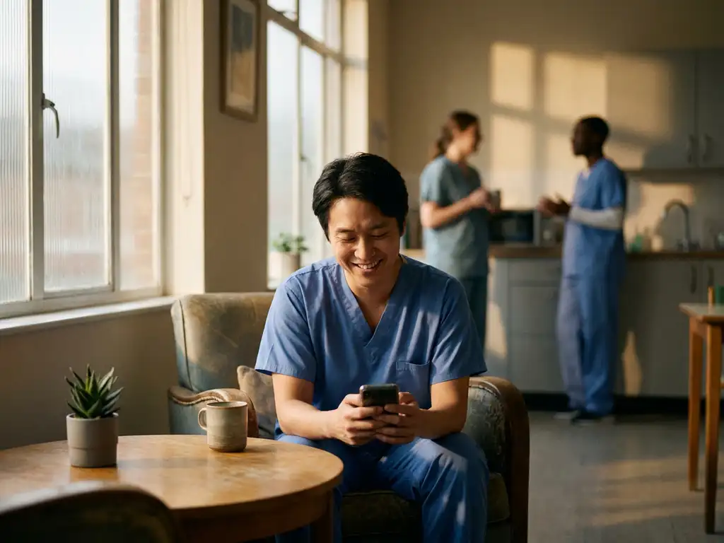 Zorgverlener in scrubs glimlacht naar smartphone in moderne pauzeruimte met koffie en vetplant op tafel