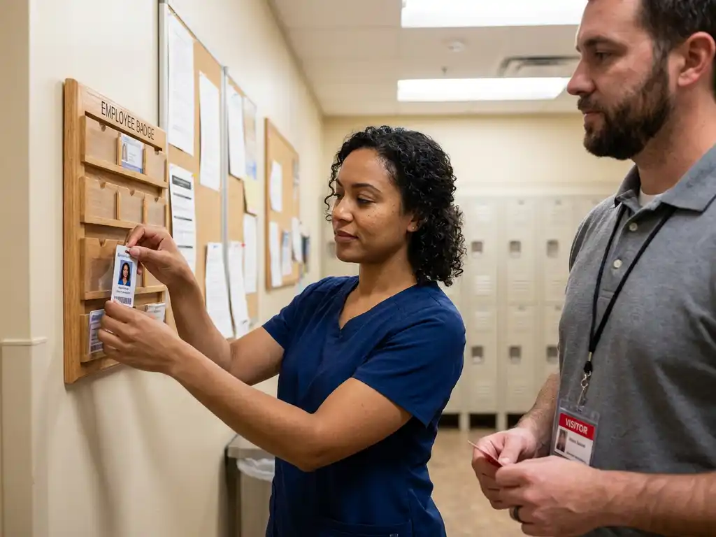 Zorgverlener in scrubs plaatst ID-badge in permanente medewerkersrek terwijl tijdelijke werker bezoekersbadge vasthoudt in moderne ziekenhuispauzeruimte