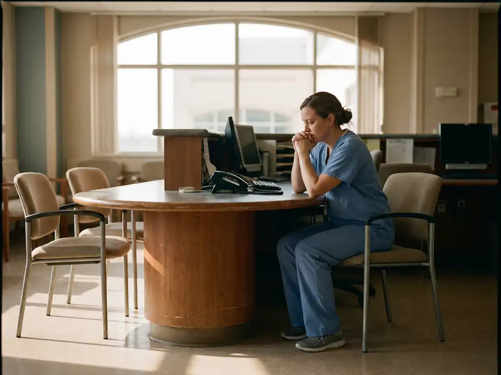 Bezorgde zorgverlener in scrubs zit alleen aan lege verpleegpost met meerdere lege stoelen rond circulaire balie