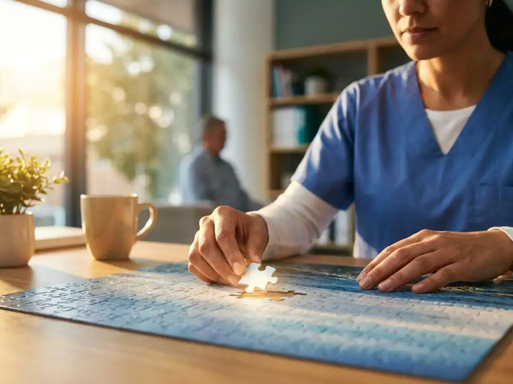 Zorgverlener in scrubs plaatst laatste puzzelstukje op bureau, stuk gloeit zacht in warm natuurlijk licht