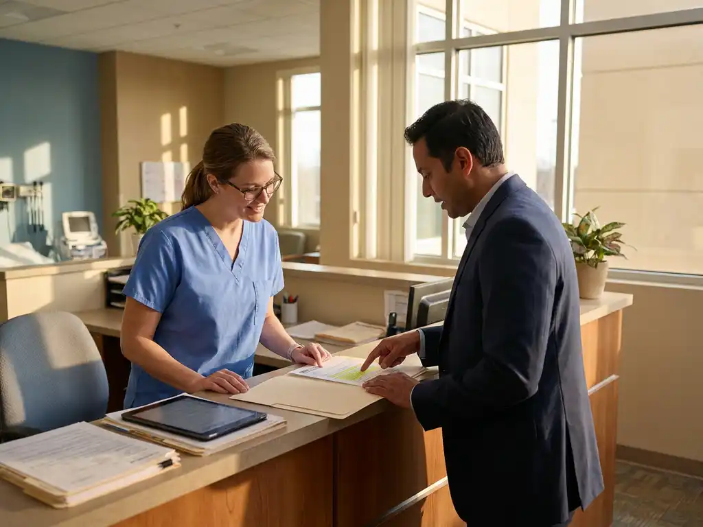 Zorgprofessional in scrubs bestudeert patiëntendossiers terwijl recruiter in pak wijst naar vacatures op georganiseerde documenten