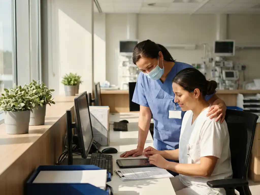 Zorgverlener in scrubs legt ondersteunende hand op collega's schouder terwijl ze patiëntendossiers bekijken bij verpleegpost