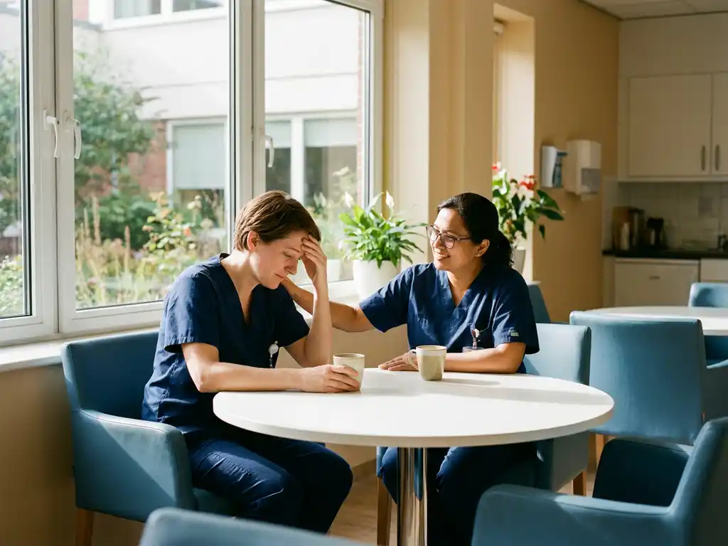 Zorgverlener in scrubs legt ondersteunende hand op schouder van collega in moderne ziekenhuispauzeruimte met warme verlichting