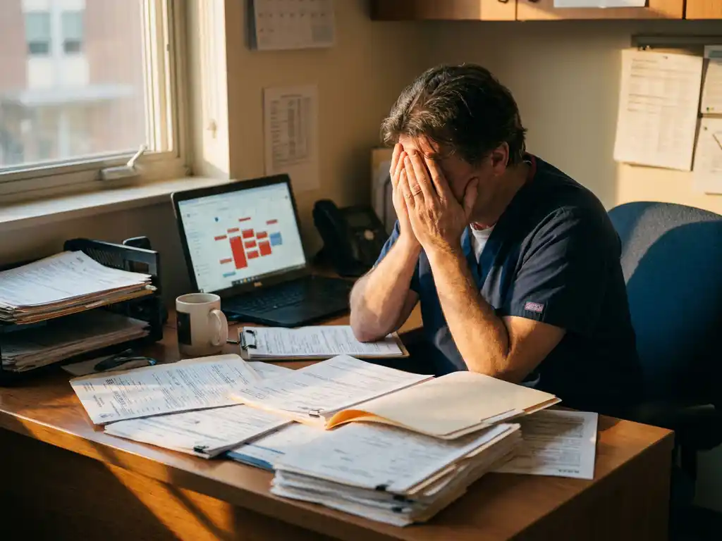 Zorgverlener in scrubs houdt hoofd in handen van stress aan rommelig bureau met papierwerk en laptop met roostertekorten