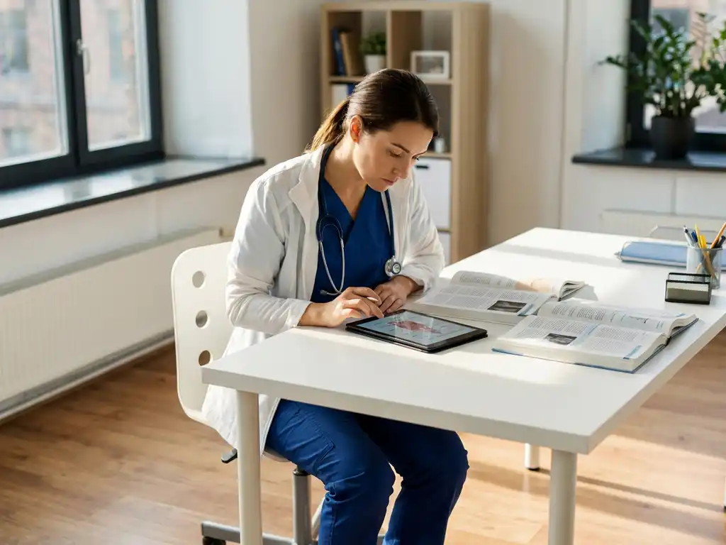 Zorgverlener in scrubs bestudeert digitale tablet en medische tijdschriften aan bureau met stethoscoop, zonlicht door raam