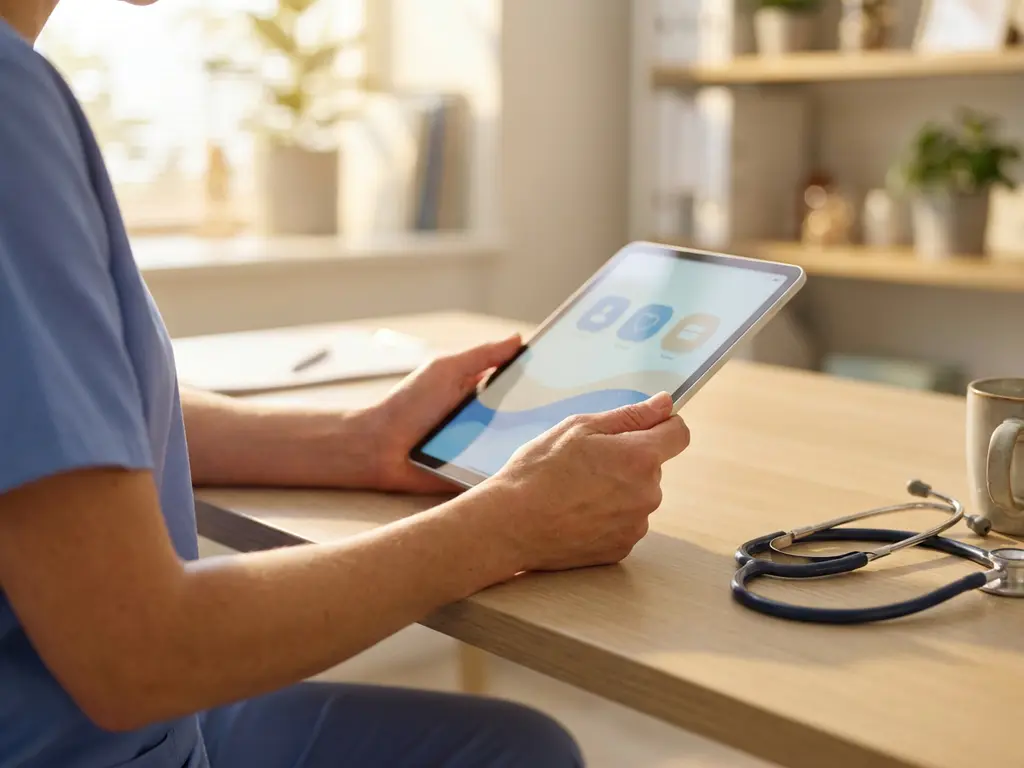 Zorgverlener in scrubs houdt tablet vast aan bureau met stethoscoop, natuurlijk licht valt door raam in klinische werkruimte