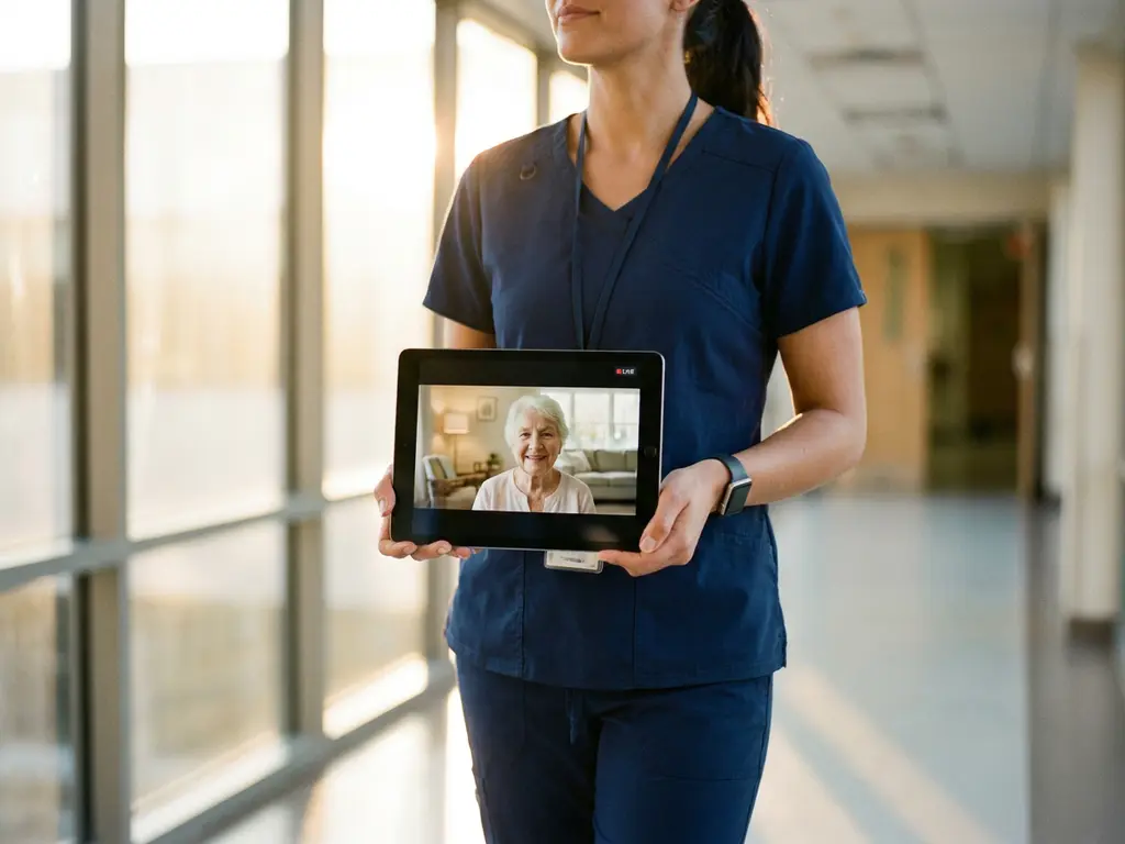 Zorgverlener in scrubs loopt door ziekenhuisgang terwijl ze videogesprek voert met patiënt thuis op tablet