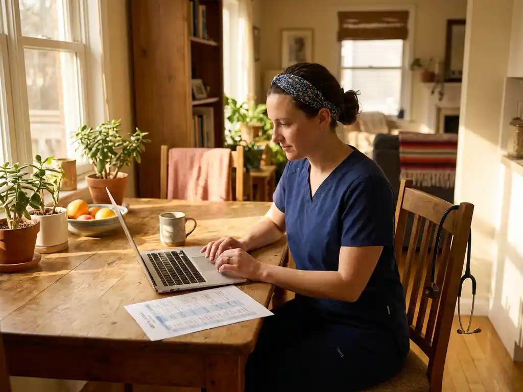 Zorgverlener in uniform aan keukentafel met laptop en medisch rooster, stethoscoop over stoel, warme ochtendzon door ramen
