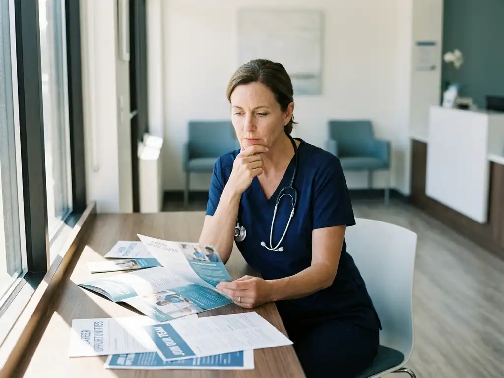 Zorgverlener in scrubs bekijkt wervingsbrochures en vacatures op bureau in modern ziekenhuis kantoor