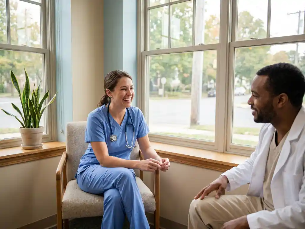 Zorgverleners in scrubs voeren respectvol gesprek in lichte kantoorruimte met natuurlijk licht en plant