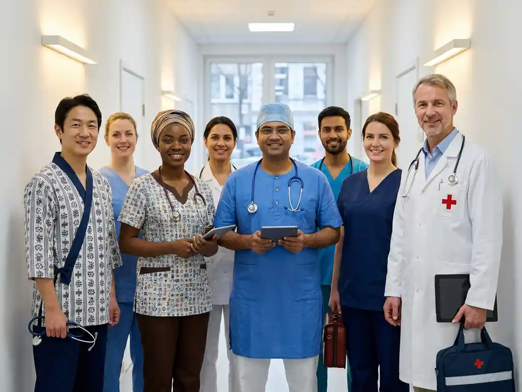 Diverse zorgprofessionals uit verschillende landen staan samen in moderne ziekenhuisgang met stethoscopen en medische uitrusting