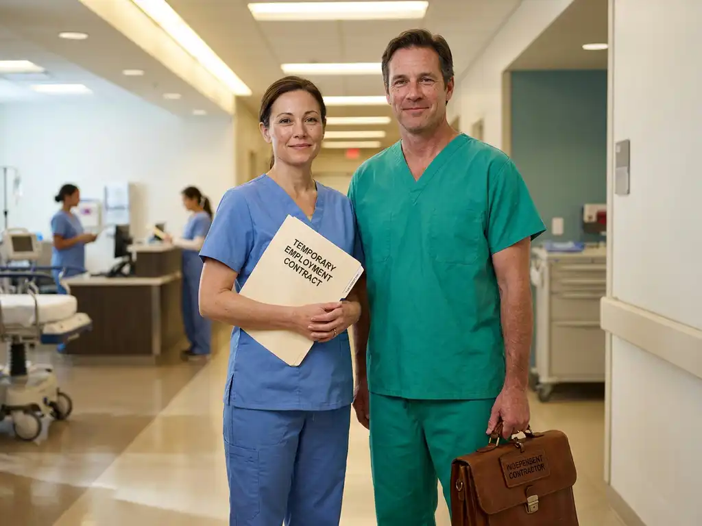 Twee zorgprofessionals in scrubs staan naast elkaar in moderne ziekenhuisgang, een met tijdelijk contract map, ander met zelfstandige contractant aktetas