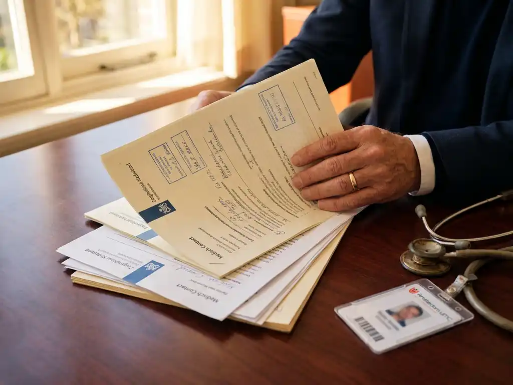 Mediator bekijkt Nederlandse zorgverzekeringsdocumenten op houten vergadertafel met stethoscoop en ID-badge