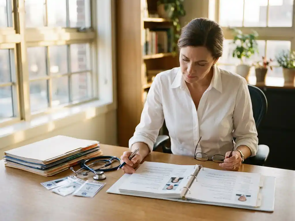 Professionele zorgrekruiter in wit overhemd bekijkt kandidaatportefeuilles aan modern bureau met stethoscoop en medische diploma's