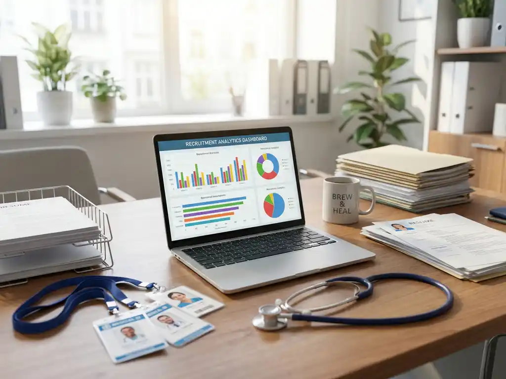 Zorgverlener recruiter bureau met laptop vol kleurrijke analytics grafieken, stethoscoop, medische badges en cv stapels