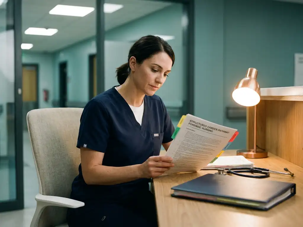 Forensisch verpleegkundige in scrubs bestudeert carrièrepad document aan ziekenhuisbalie, stethoscoop en patiëntmap op voorgrond.