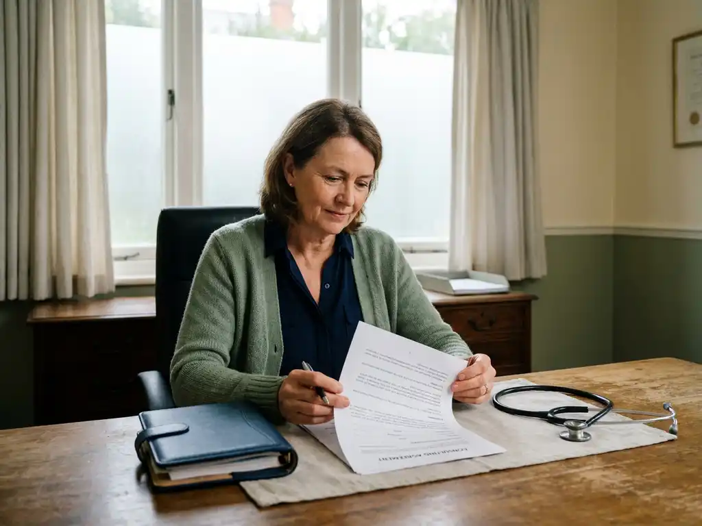 Freelance GGZ-professional bestudeert contract aan klinisch bureau met stethoscoop en agenda, zacht natuurlijk licht door matglas.