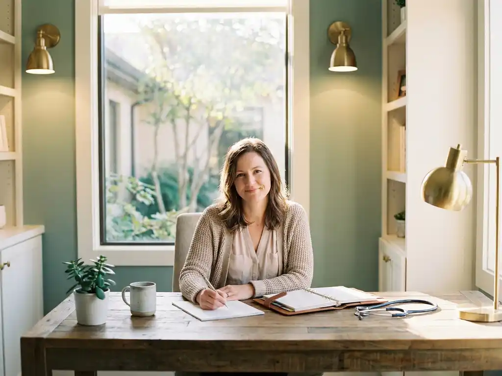 Zelfverzekerde zorgprofessional bekijkt papierwerk aan een modern bureau in een lichte kliniek, stethoscoop en agenda zichtbaar.