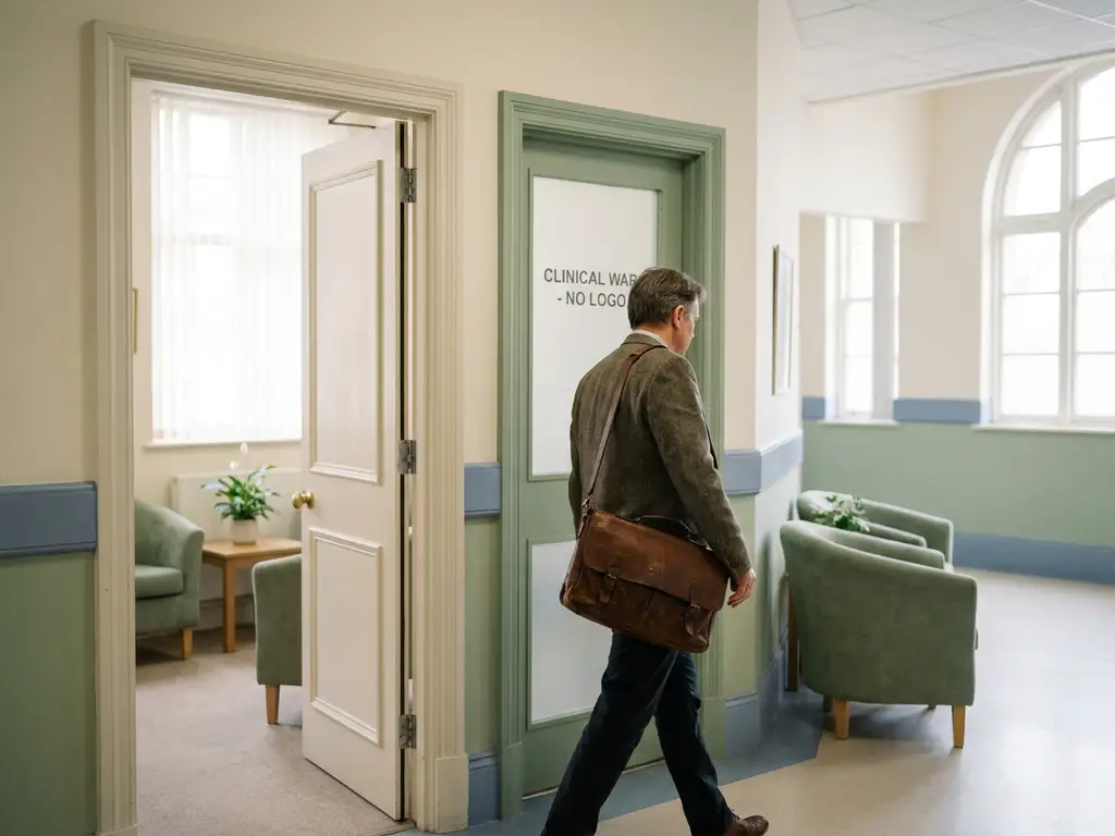Geestelijke gezondheidsprofessional met leren tas loopt door verlichte ziekenhuisgang, therapiekamer met zachte fauteuils zichtbaar op achtergrond.