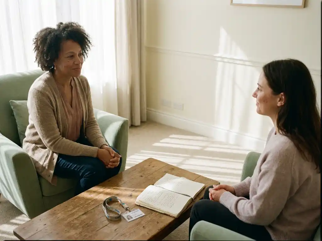 Therapeut en patiënt in gesprek in een rustige behandelkamer met notitieboek en lanyard op tafel, zacht groen-ivoorkleurig interieur.