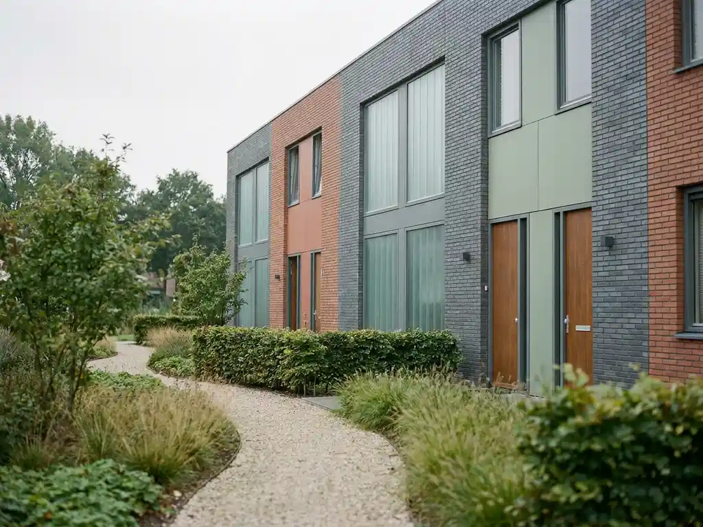 Moderne bakstenen gevel van een Nederlandse ggz-instelling met matglazen ramen en een verzorgd tuinpad bij bewolkt daglicht.