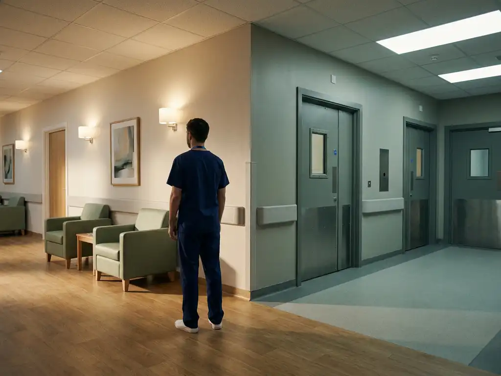 Zorgprofessional op drempelovergang tussen warme poliklinische gang en beveiligde gesloten psychiatrische afdeling.