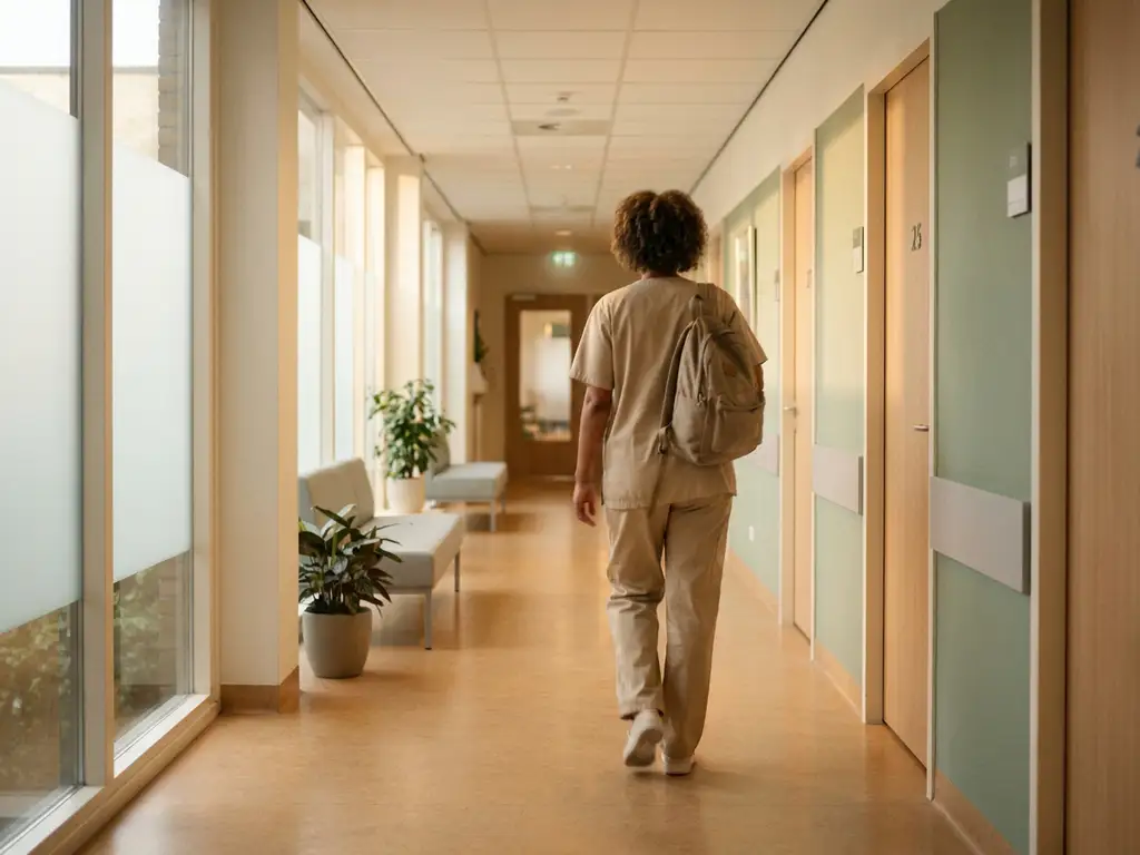 Zorgprofessional in neutrale scrubs loopt door rustige gang van Nederlandse ggz-instelling met natuurlijk licht en salie groene tinten.