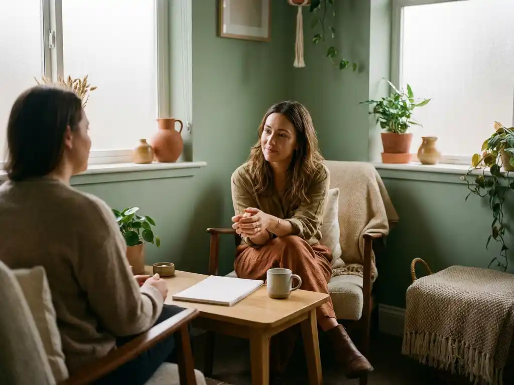 GGZ-zorgprofessional in gesprek met cliënt in rustige therapiekamer met warme, natuurlijke belichting en saliegroen interieur.