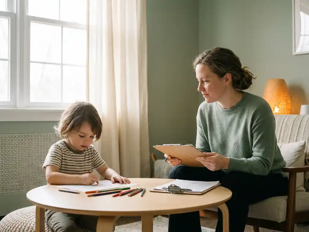 Kindertherapeut aan lage houten tafel tegenover jong kind, tekenmaterialen en notitieblok zichtbaar, rustige klinische ruimte met warm natuurlijk licht.