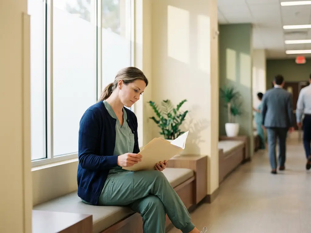 Psychiatrisch verpleegkundige in scrubs bestudeert patiëntendossier in moderne klinische gang met warm natuurlijk licht.