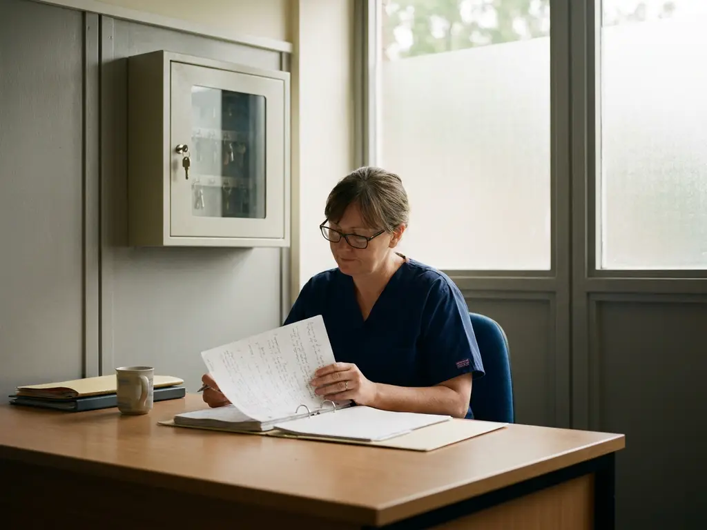 Psychiatrisch verpleegkundige bestudeert patiëntendossiers aan klinisch bureau, sleutelkast aan grijze muur, zacht natuurlijk licht.