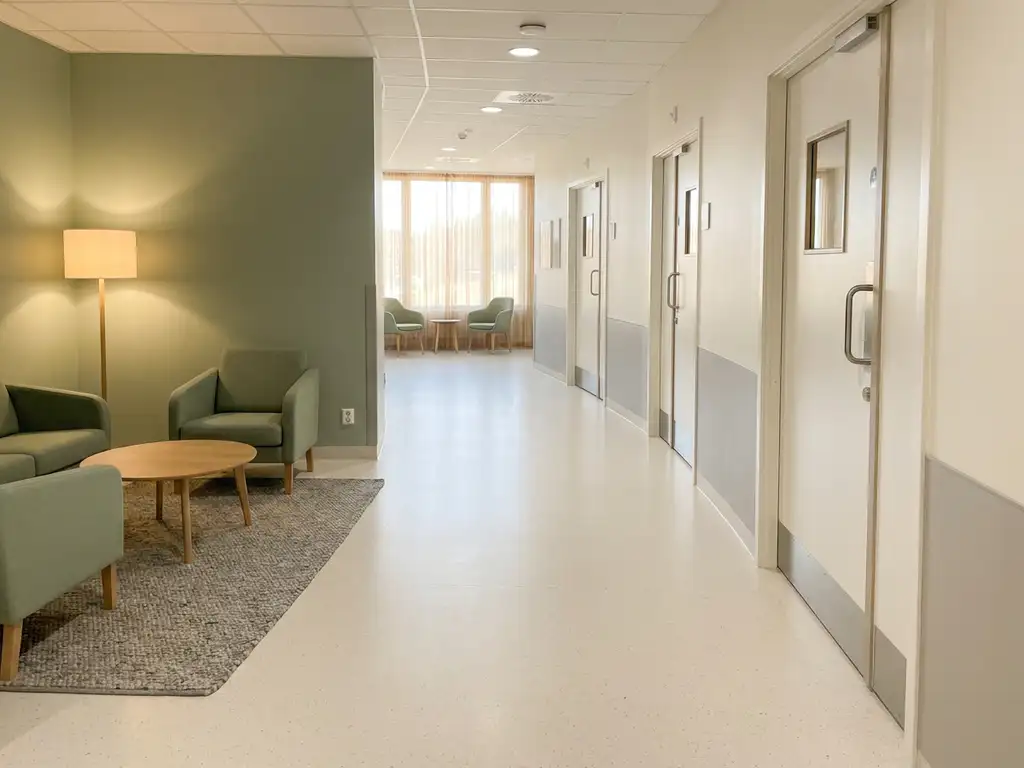 Rustige psychiatrische zorggang met warme therapeutische verlichting, zachte loungezitting en klinisch witte muren in salie- en warmwitte tinten.