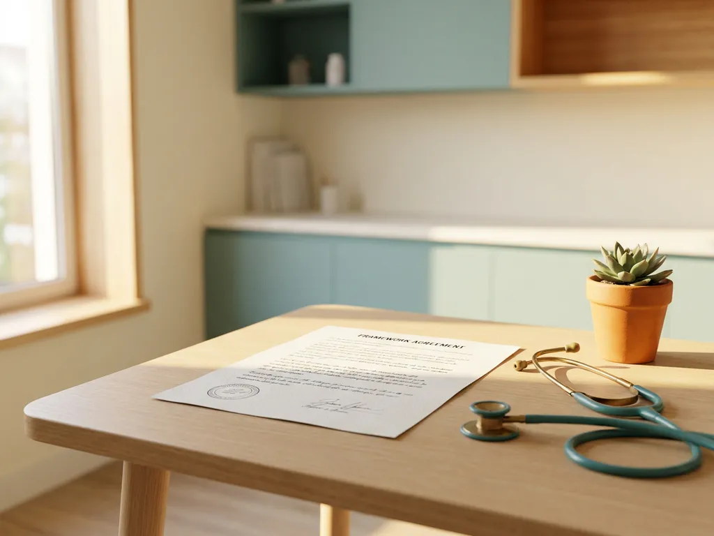 Ondertekend raamovereenkomst document op klinisch bureau naast stethoscoop en kleine kamerplant, warm natuurlijk licht.