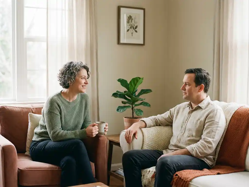 Sociotherapeut zit kalm naast cliënt in lichte therapeutische woonkamer met zachte beige tinten en groene plant.