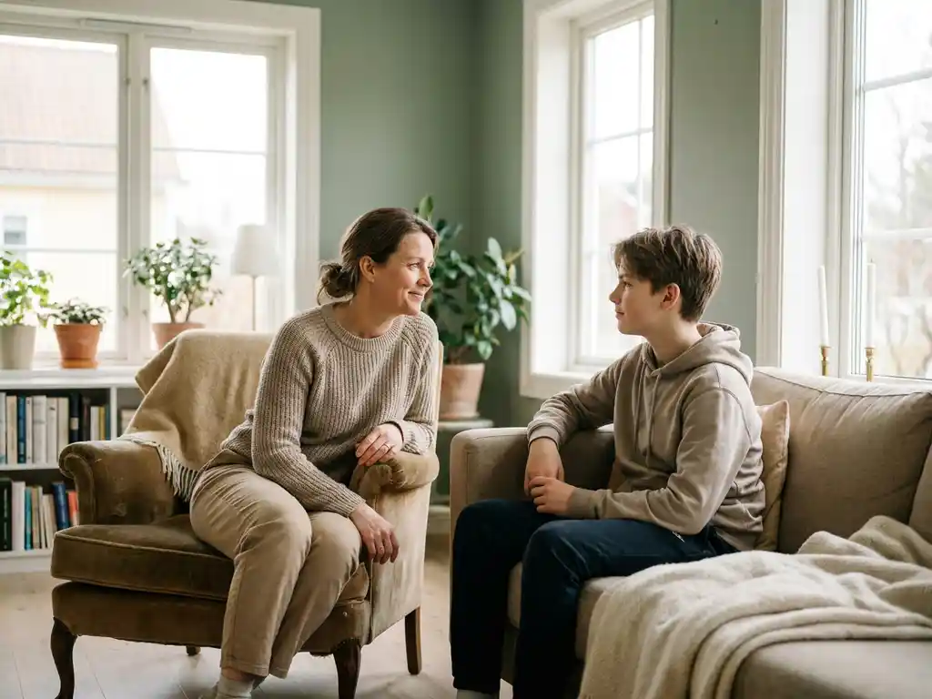 Sociotherapeut en tiener in gesprek in een lichte, huiselijke woonkamer van een jeugdzorginstelling, warme blik en vertrouwelijke sfeer.