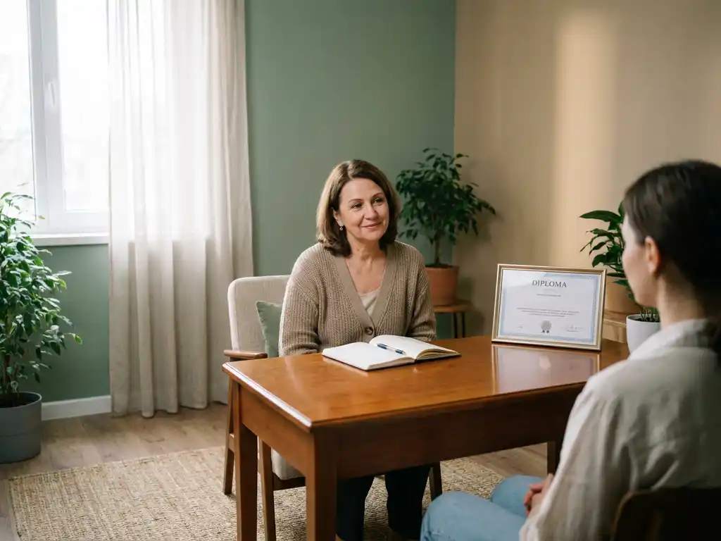 Sociotherapeut in gesprek met patiënt in rustige behandelkamer, diploma en notitieboek op houten bureau, warm natuurlijk licht.