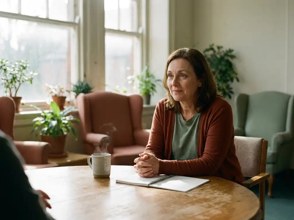 Sociotherapeut aan ronde tafel in psychiatrische zorginstelling, leunend luisterend voorover, met koffie en notitieboek, warm natuurlijk licht.