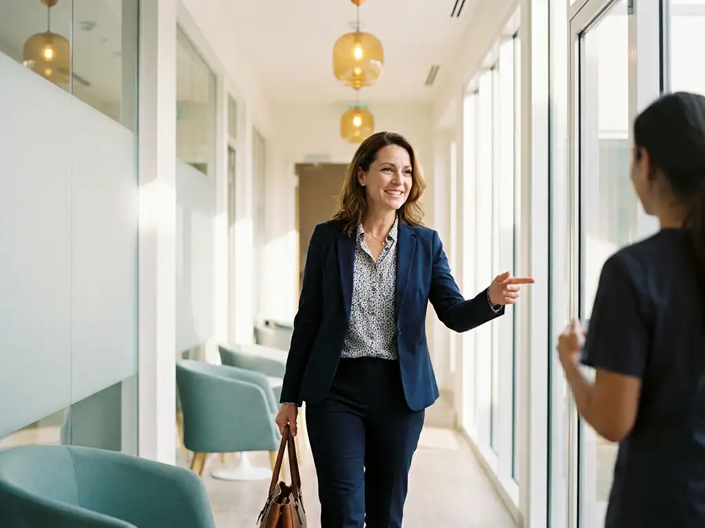 Sociotherapeut in casual professionele kleding loopt door lichte, moderne gang van een psychiatrische zorginstelling.