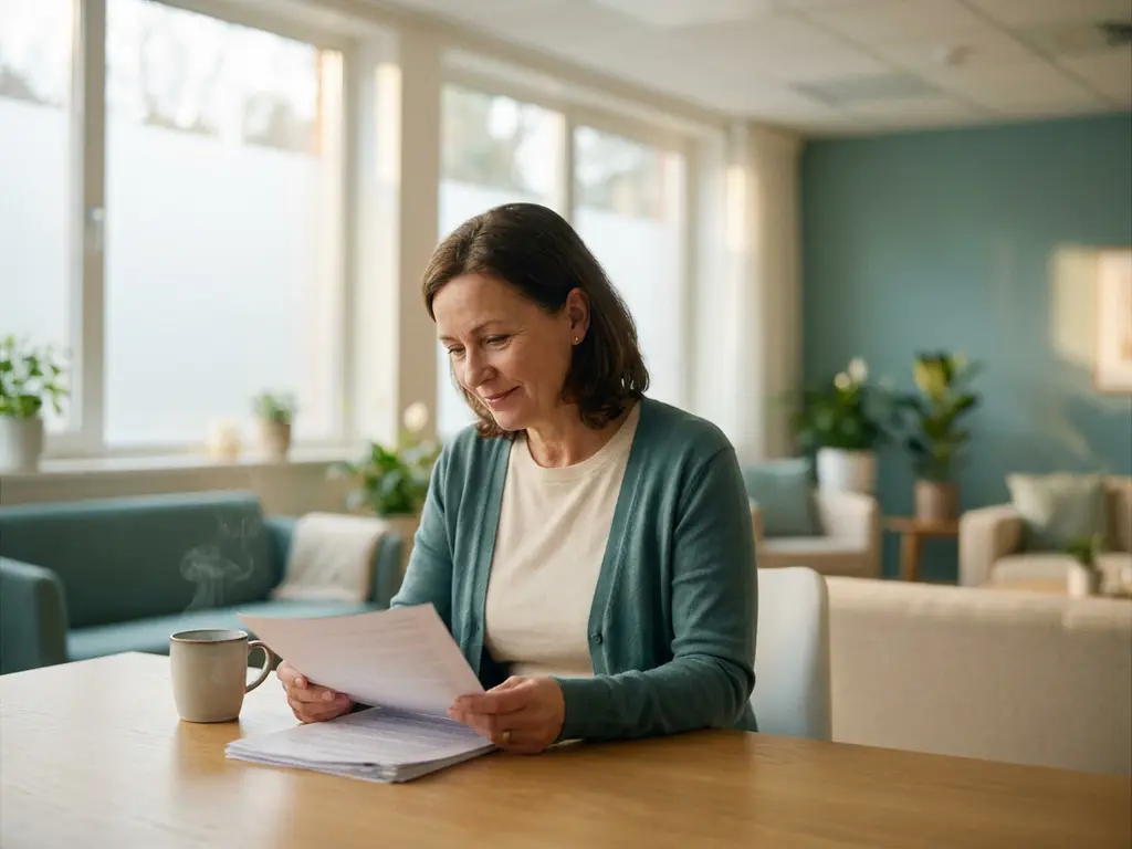 Sociotherapeut bekijkt salarisoverzicht aan modern bureau in lichte GGZ-instelling, dampende koffie op de achtergrond.