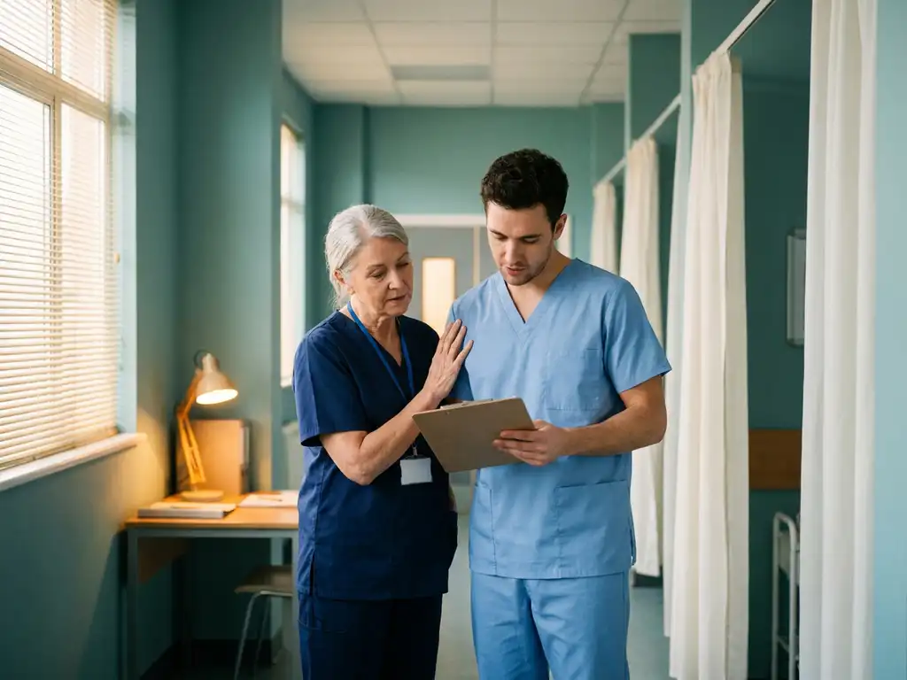 Tijdelijke zorgprofessional in scrubs krijgt begeleiding van collega op psychiatrische afdeling, beiden gericht op patiëntdocumentatie op klembord.