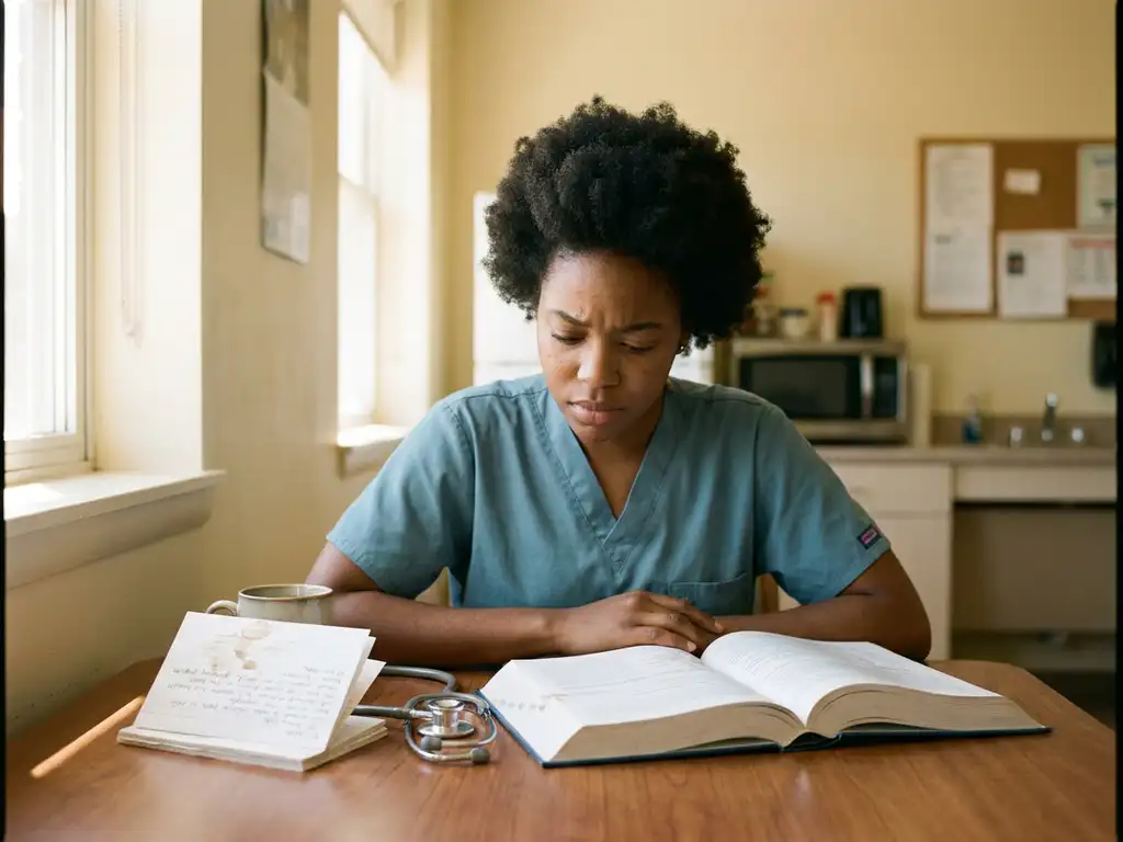 Verpleegkundestudent in scrubs bestudeert klinisch leerboek aan breaktoruimtetafel met stethoscoop en aantekeningen.