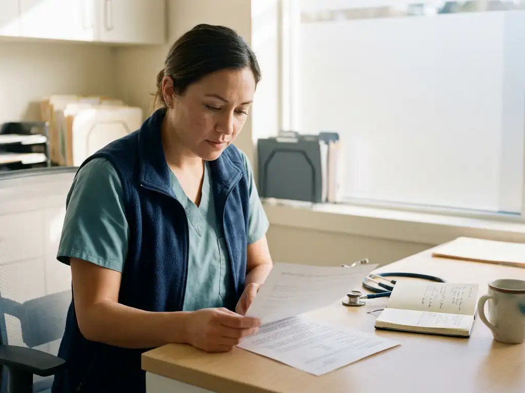 Verpleegkundige in scrubs bestudeert loonstrook aan klinisch bureau met stethoscoop en notitieboek, zacht natuurlijk licht.